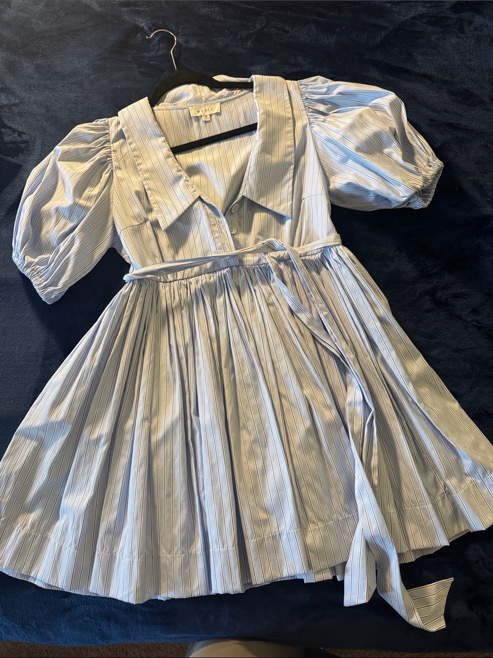 MABLE Flirty Striped Puff Sleeve Shirt Dress in Light Blue and White